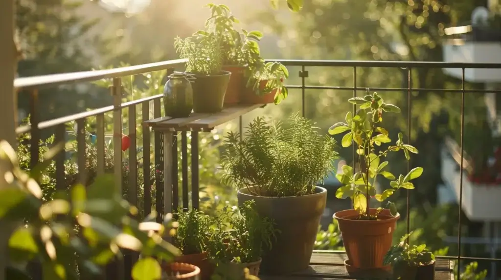 Krukväxter på en solbelyst balkong skapar ett charmigt insynsskydd, med örter och grönska som frodas i terrakotta och mörka krukor. Solljus kastar milda skuggor och skapar en inbjudande atmosfär på balkongräcket och trähyllan.