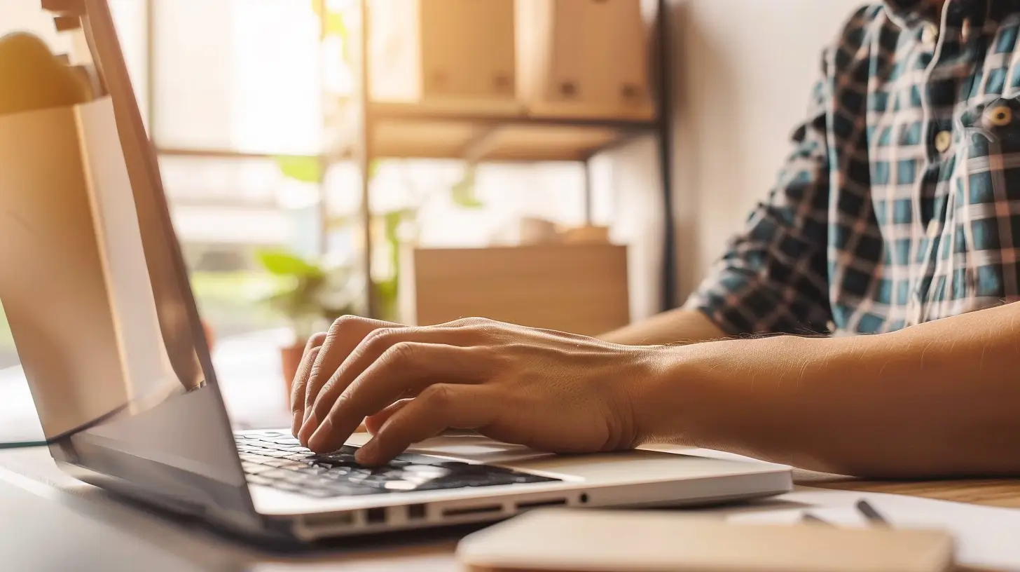 En person i rutig skjorta skriver på en bärbar dator vid ett träskrivbord med solljus som kommer in genom ett fönster, fokuserat på hemsidan och digital strategi. Kontorsmaterial och lådor syns i bakgrunden.