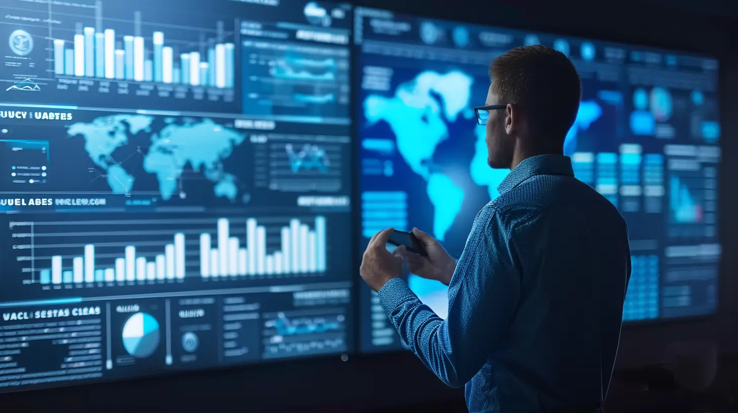 En man står framför stora digitala skärmar som visar olika diagram, grafer och världskartor. Han använder Business Intelligence för att analysera data och fatta bättre beslut i en modern, högteknologisk kontrollrumsmiljö.