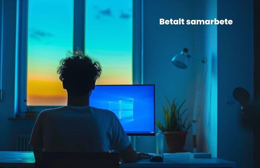 En person sitter vid ett skrivbord framför en datorskärm i ett svagt upplyst rum med ett stort fönster som visar en färgsprakande solnedgång. Orden "Betalt samarbete" och "Automatiskt utkast" står i vit text på väggen.