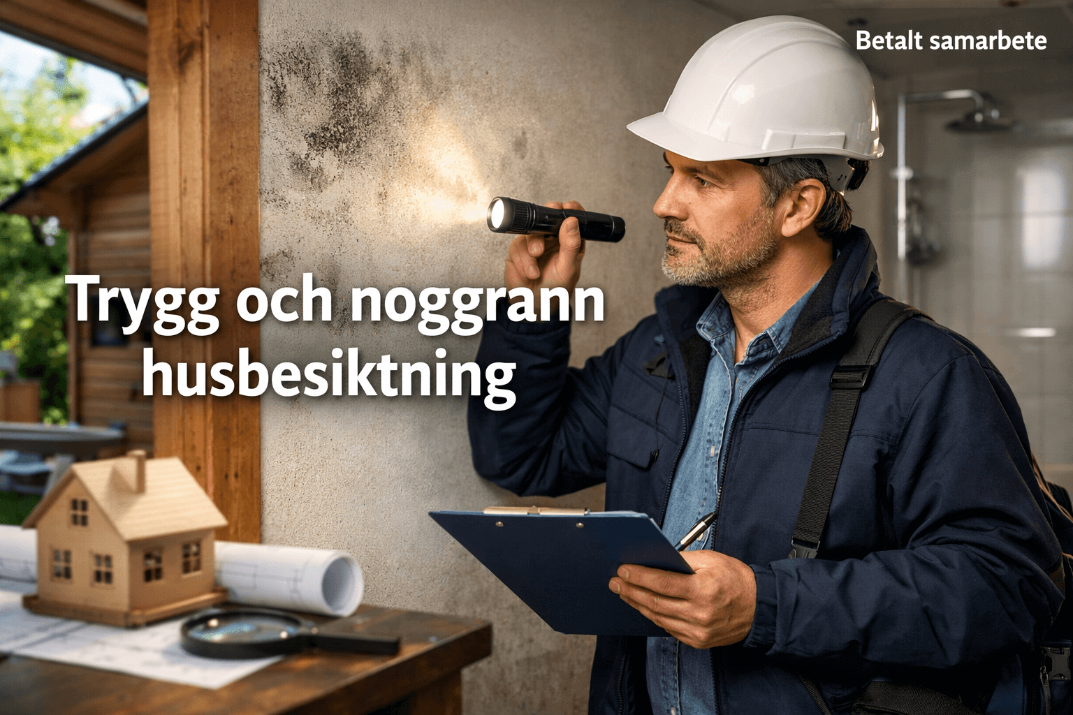 En man i skyddshjälm inspekterar en vägg med ficklampa och skrivplatta. Ett modellhus och ritningar ligger på bordet. På svenska står det "Trygg och noggrann husbesiktning" - en smart investering för din fastighet. "Betalt samarbete.