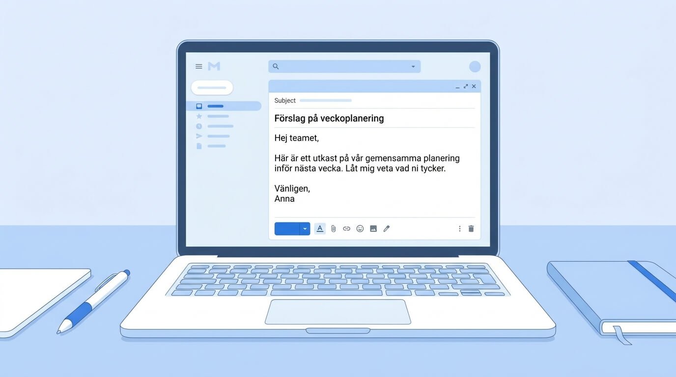 Illustration av en laptop som visar ett utkast till ett e-postmeddelande på svenska om veckoplanering, med en penna, anteckningsbok och smartphone bredvid, på ett skrivbord mot en ljusblå bakgrund.