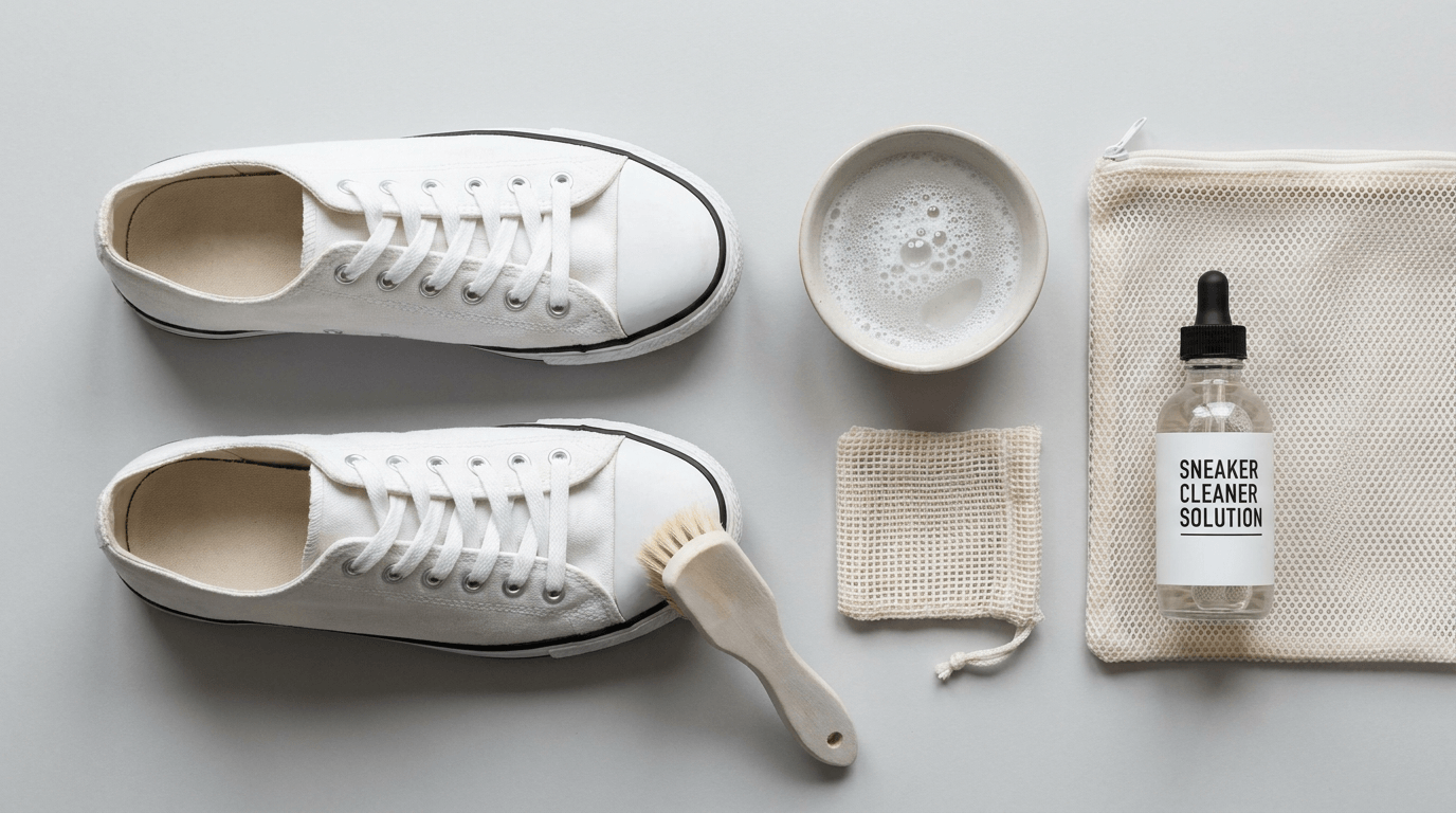 Ett par vita sneakers, en rengöringsborste, en skål med tvålvatten, en liten trasa, en nätpåse och en flaska med texten "Sneaker Cleaner Solution" är prydligt placerade mot en ljusgrå bakgrund.