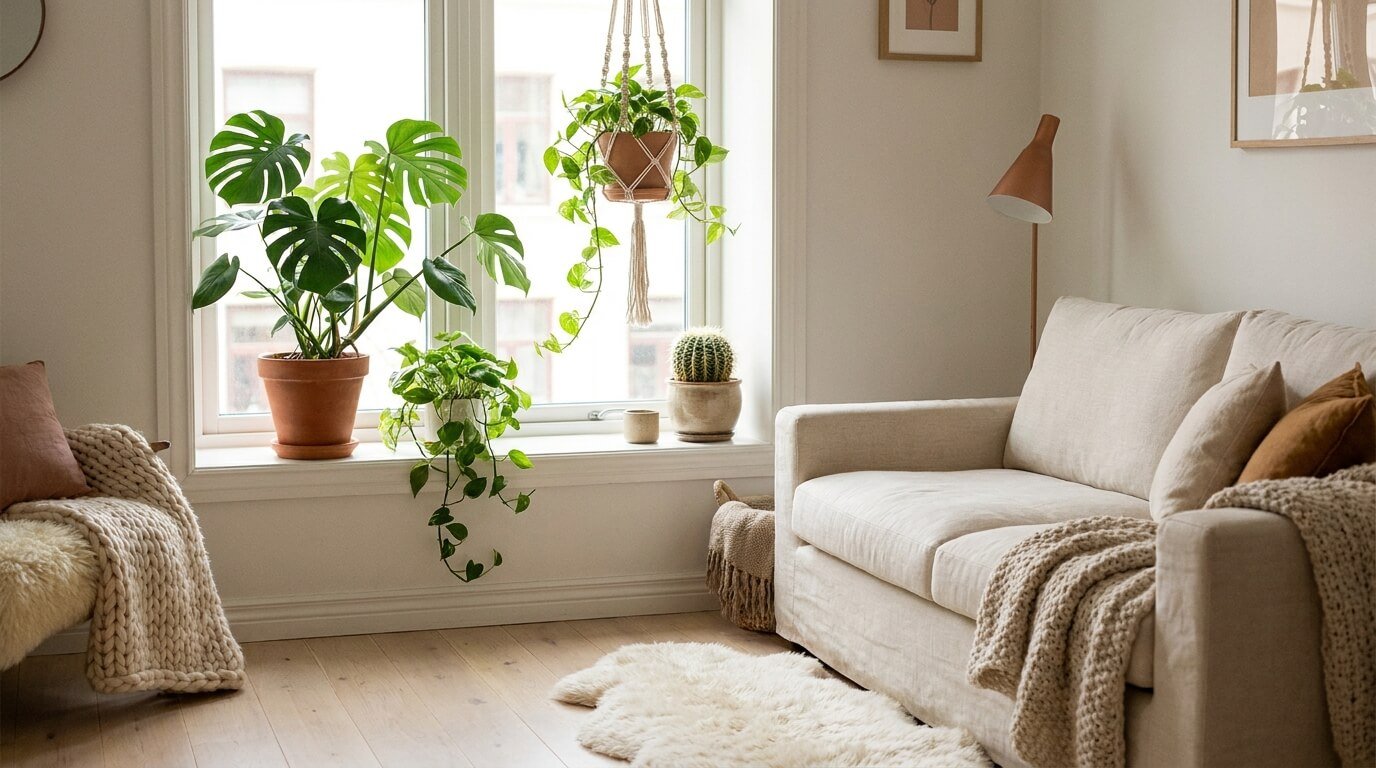Ett mysigt vardagsrum med en beige soffa, mjuka plädar, en pälsmatta och flera krukväxter på fönsterbrädan. Naturligt ljus strömmar in genom de stora fönstren och ger värme åt den minimalistiska inredningen i neutrala nyanser.